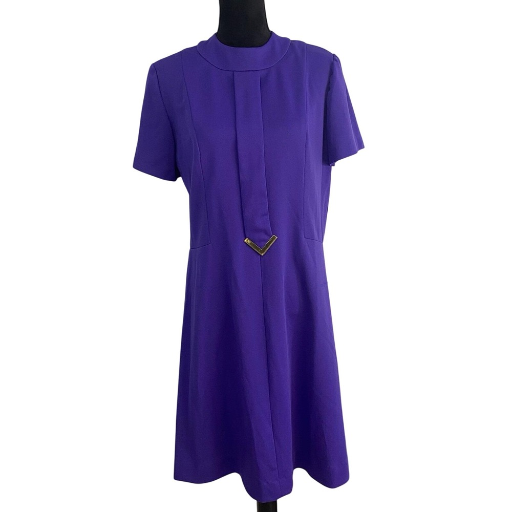 Vintage Carol Brent Purple A-Line Midi Dress Gold Accent High Neck Short Sleeve
